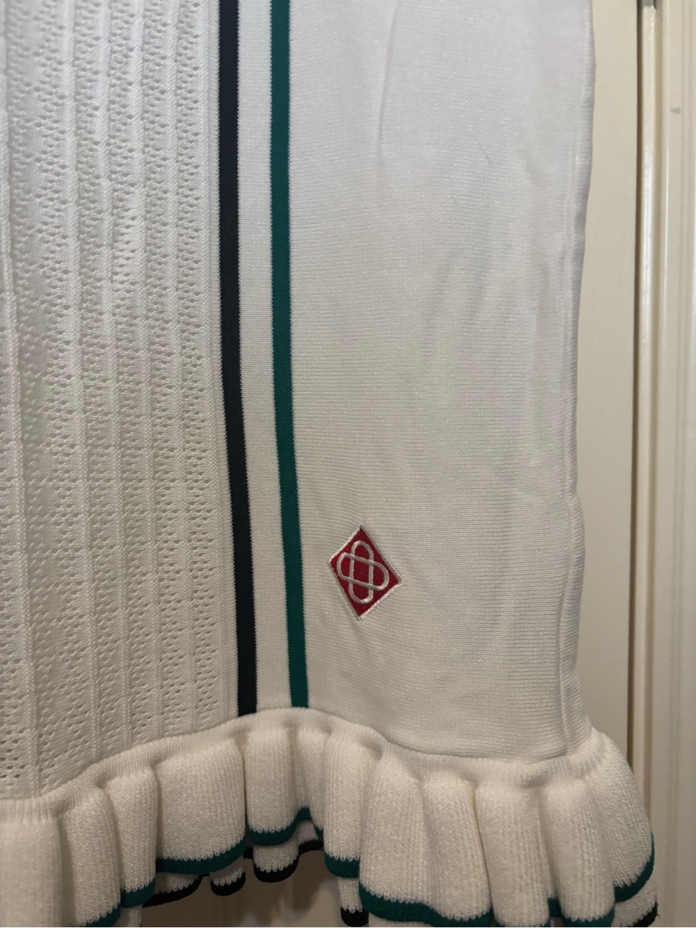 Micas White Knit Polo Mini Dress with Green & Black Stripes - Picture 2 of 4